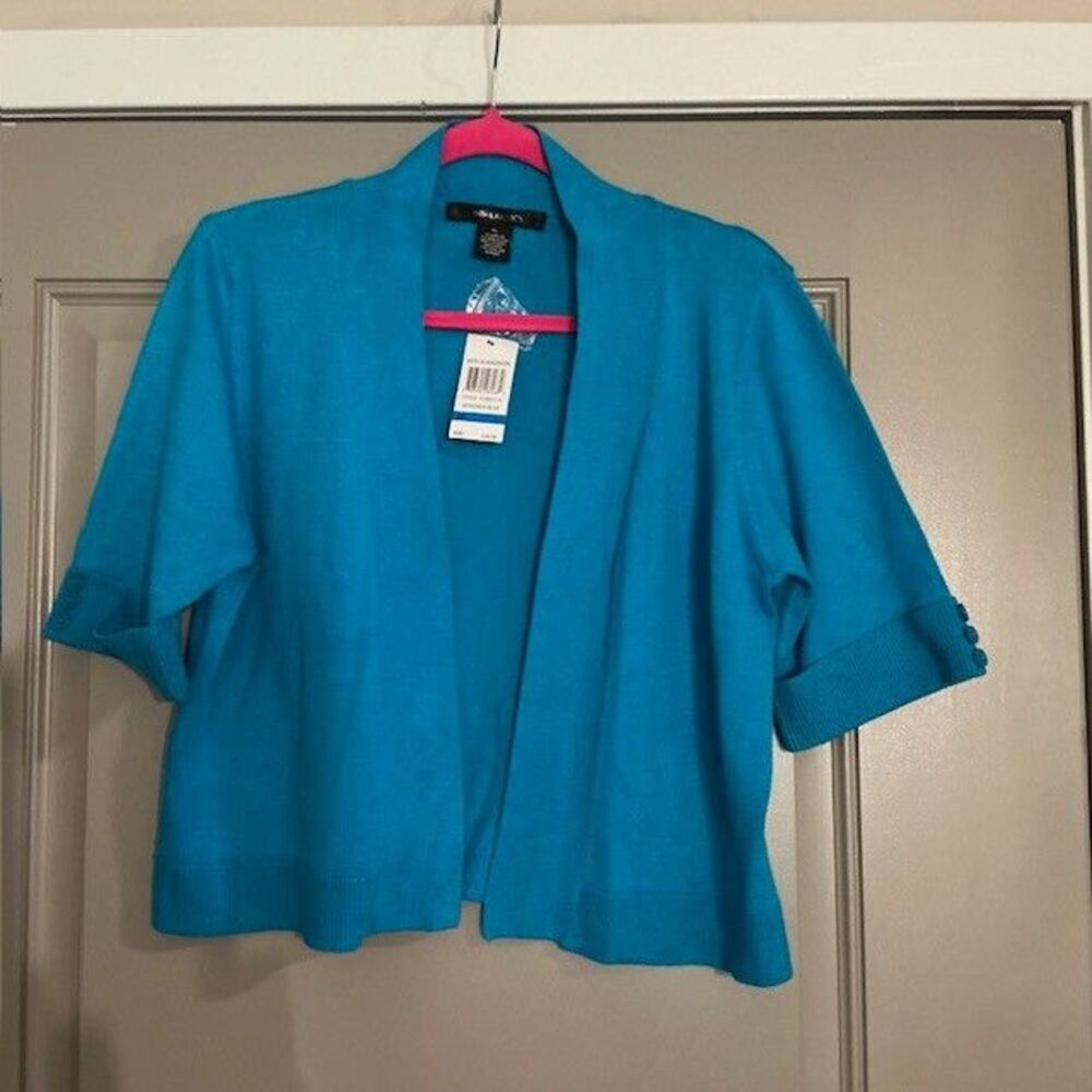 89TH & MADISON Blue Short Sleeve Open Front Cropped Cardigan NWT Sz XL